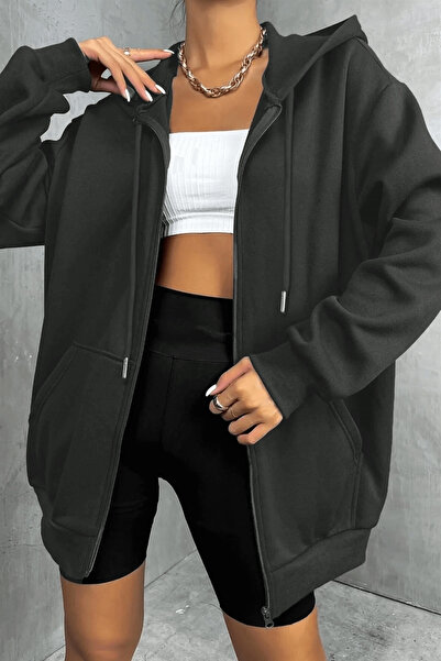 Millionaire Women's Hooded Anthracite Zippered 3 Three Thread Fleece Kangaroo Oversize Sweatshirt Zip Up Hoodie