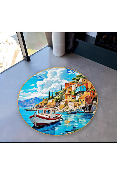 Rugs Modern Halı Mira Round Boat and Beach Town Themed Patterned Woven Base D...