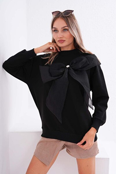 Pulli Collection Kadın Siyah Fiyonk Aplikeli Sweat