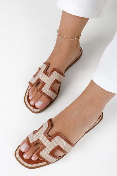 Shoeberry Brown Women's Slippers - Penny Skin Straw Flat Design