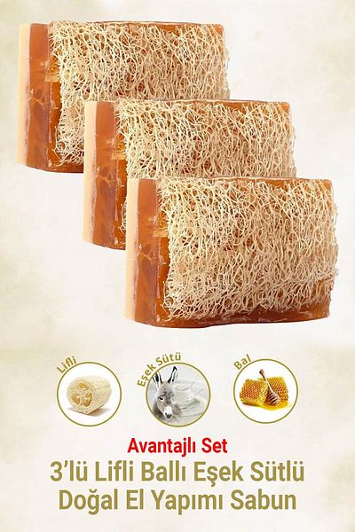 Arap Makyaj Dünyası 3 Pack Fiber Honey Donkey Milk Handmade Soap 3x120 Gr - Donkey Milk
