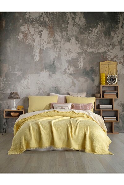 destinyhometex Sarı Renkli 4 Katlı Muslin %100 Pamuk Tek Kişillik Yatak Örtüsü/Pike 160x240cm