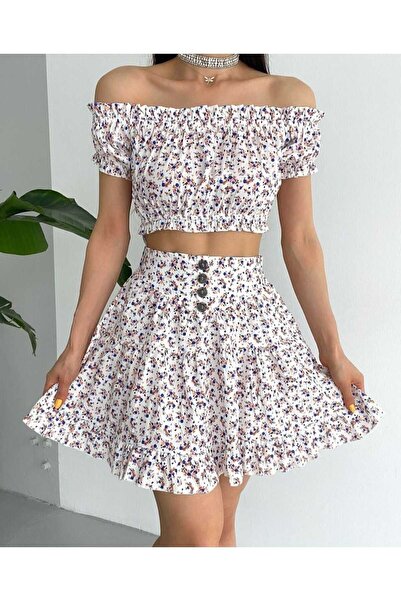 ModaWiser Women's Floral Patterned Carmen Collar Bustier Skirt Double Set Nav...