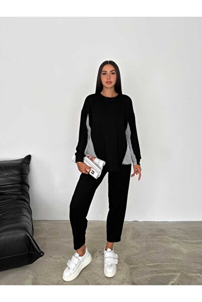 Paraf style Modal Fabric Oversize csíkos pulóver és kocogó nadrág - 2 db-os készlet