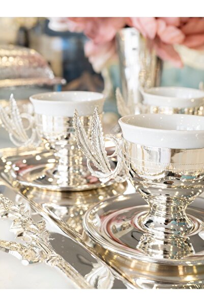 Bakır Concept Gümüş Kaplama Fincan Takımı Tüy Detaylı Model