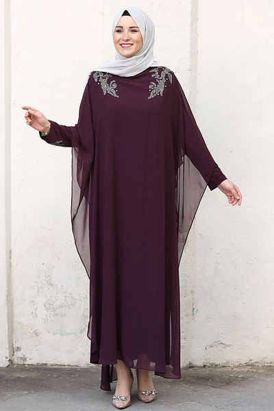 Ayşe Tesettür Plus Size Hijab Evening Dress - Deep Sandy Chiffon