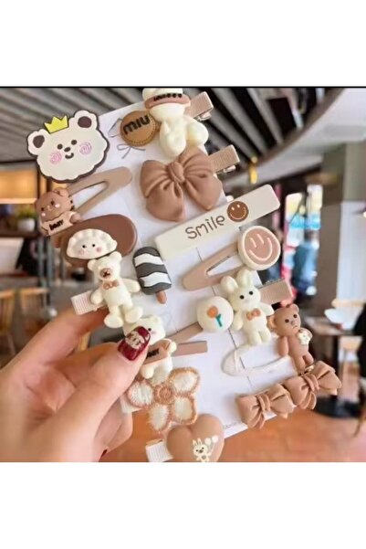 synshop Set de 14 ursuleți Kawaii Teddy Coco - Set cadou coreean, maro și bronzat cu cleme de păr