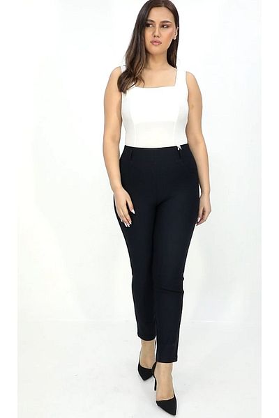 AKŞEN GİYİM Plus Size Two Sizes Look Thin Gathering High Waist Rhinestone Black Punto Fabric Pants