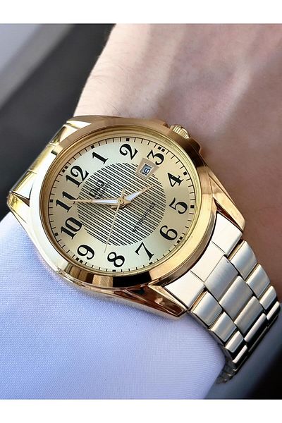 Q&Q Men's Gold Yellow Classic Detail Dial Calendar Display Analog Watch