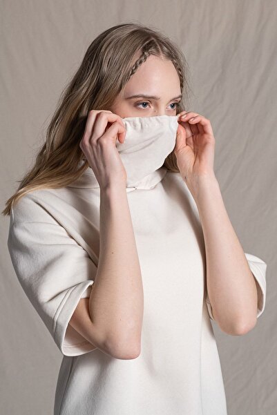 Re-clo Megan, Antibacterial Mask Detailed, Hooded, Organic Fabric, Stone Color, Short Sleeve Sweatshirt