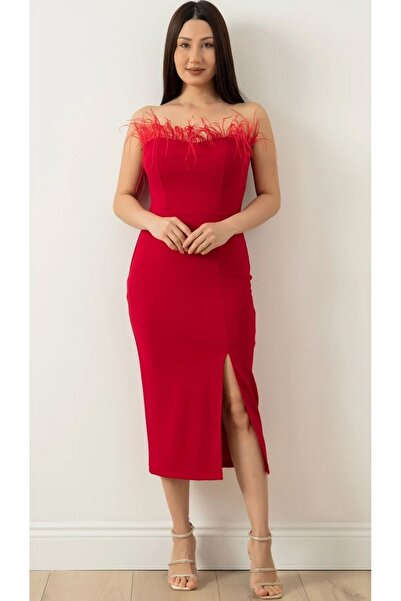 RAMMEN Kadın, Straplez, Tüy Detaylı, Yırtmaçlı, Söz, Nikah, Özel Gün, Abiye Ve Mezuniyet Elbisesi