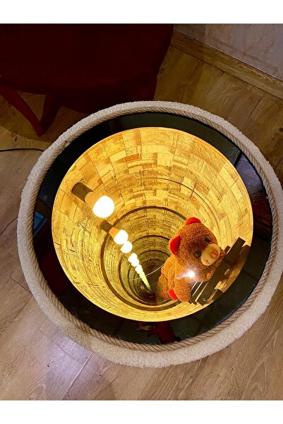 menalART Ağaç Tasarım Orta Sehpa Dipsiz Kuyu Krem Renk 60 X 60 Sonsuz Kuyu Rgb Ampul Ve Ayıcıklı