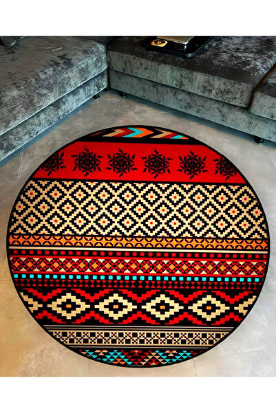 Rugs Modern Halı سجادة ميرا مستديرة باللون الأحمر والأسود بنمط عرقي ومفصلة وق...