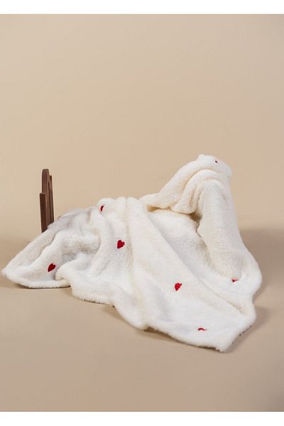 DensHaus Heart Patterned Embroidered Baby Blanket 90x110 Cream Wellsoft