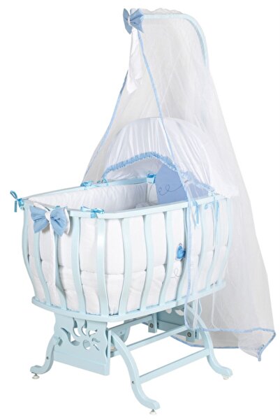 Setay Doğal Ağaç Beşik, Otantik Lüx Sallanan Beşik + Uyku Seti + Cibinlik - Mavi