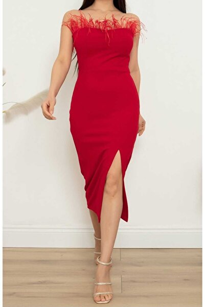 RAMMEN Kadın, Straplez, Tüy Detaylı, Yırtmaçlı, Söz, Nikah, Özel Gün, Abiye Ve Mezuniyet Elbisesi