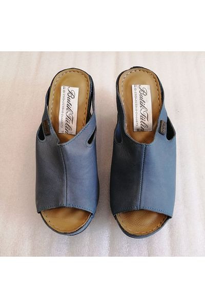 Butik Tülin شبشب نسائي ناعم باللون الأزرق - جلد عجل أصلي، كعب عريض من مادة البولي يوريثين