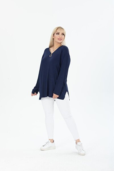 HÜLYA BUTİK NAVY BLUE COLLAR ZIPPERED LONG SLEEVE BLOUSE