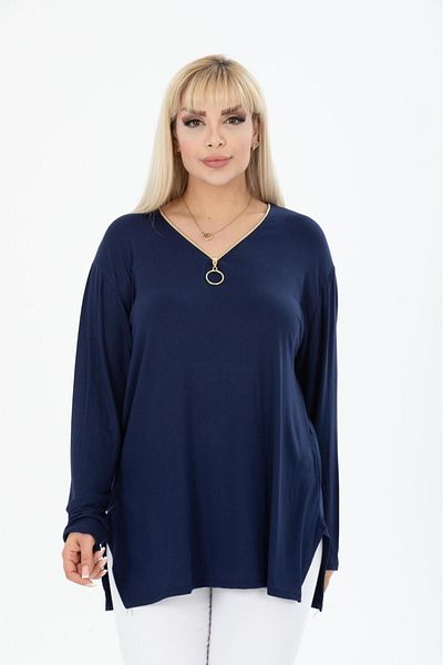 HÜLYA BUTİK NAVY BLUE COLLAR ZIPPERED LONG SLEEVE BLOUSE