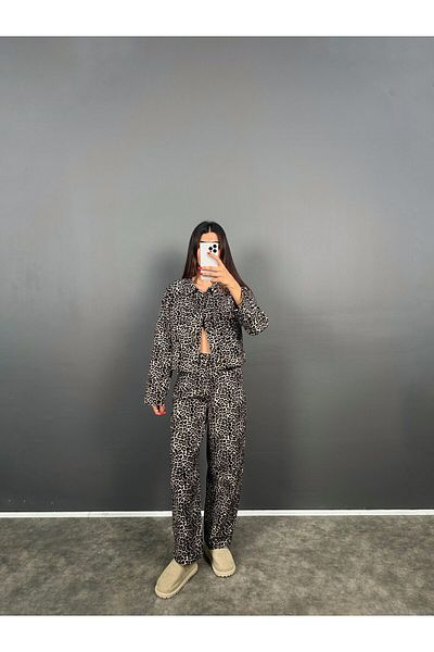 Piano Black Leopard Patterned Women's Jacket and Pants Set