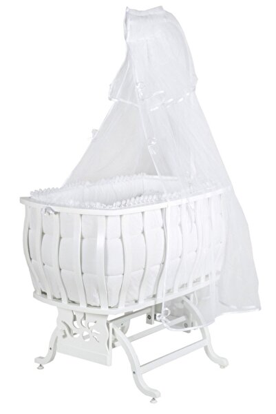 Setay Doğal Ağaç Beşik, Otantik Sallanan Beşik + Uyku Seti + Cibinlik - Beyaz