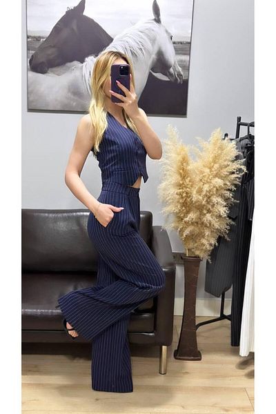 Hazel Navy Blue Striped Women's Vest and Trousers Set