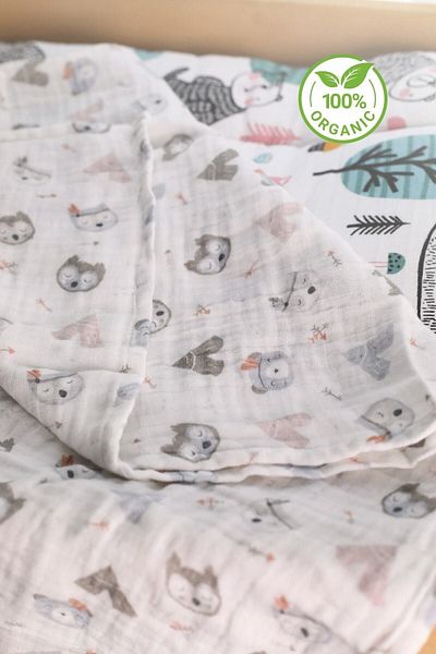 m montefair Organic Multi-Purpose 80*90 Cm Muslin Kids and Baby Blanket, White Animal Patterned Blanket