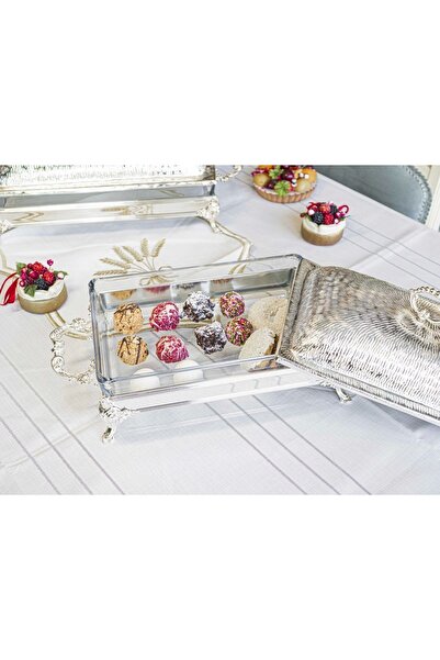Bakır Concept Silver Plated Serving Rack Rectangular Glass with Sandy Texture Cover No2