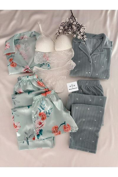 MH Moony Homewears Boxed 7-Piece Ocean Breeze Satin Pajamas Underwear Dowry Set