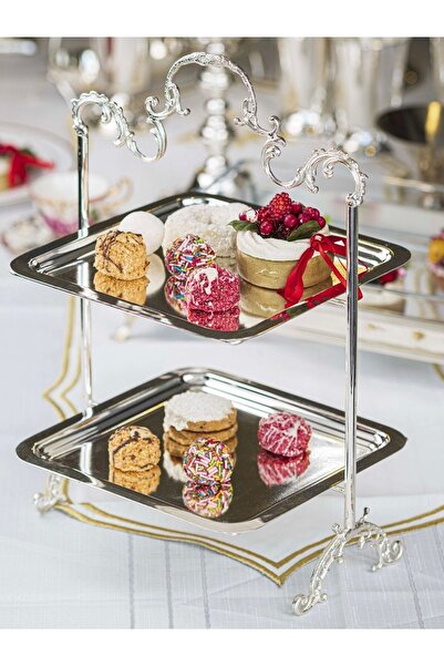 Bakır Concept Silver Plated Two-Tiered Tray Serving Dish Square Shape