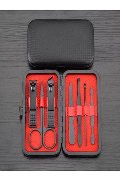 newnet Set of 7 Black-Red Professional Stainless Steel Portable Bag and Travel Size Manicure
