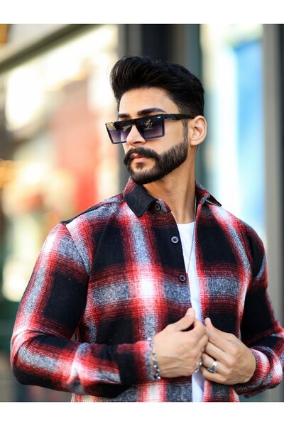 mavisima erkek giyimi Πουκάμισο Ξυλοκόπος Μαύρο Κόκκινο ριγέ σταντ με γιακά με κουμπιά