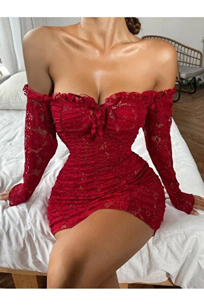 my cherie Red Custom Attractive Lace Drawstring Women's Mini Dress