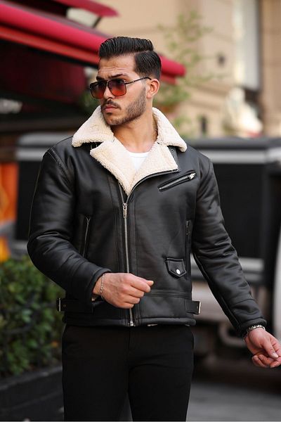 Mero Life High Quality Men's Napa Leather - Cross Zipper, Full Fur Slim Fit Black-cream Coat & Jacket