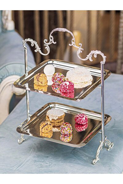 Bakır Concept Silver Plated Two-Tiered Tray Serving Dish Square Shape