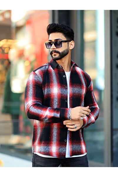 mavisima erkek giyimi Риза на дървосекач, черна, червена раирана яка с копчета