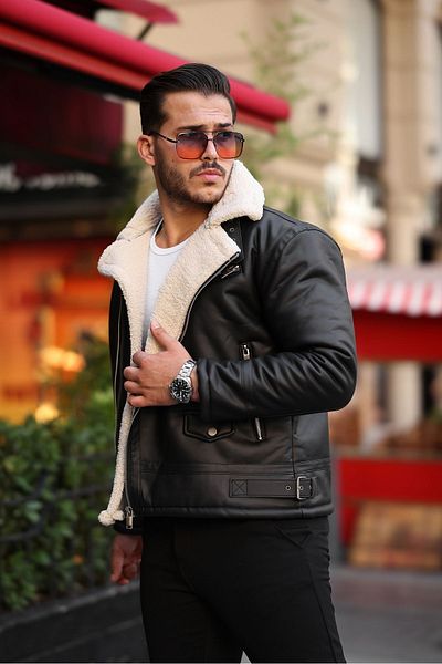 Mero Life High Quality Men's Napa Leather - Cross Zipper, Full Fur Slim Fit Black-cream Coat & Jacket