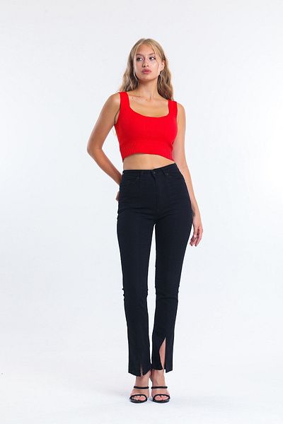 SHEVEGA Blugi negri cu talie înaltă evazată cu crestătură în lycra