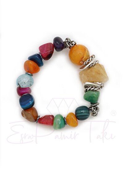 Esra Pamir Turuncu Yeşil ve Mavi Renk Ametist ve Kuvars Doğal Taş Bileklik