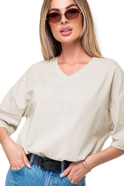Happy Fox Γυναικείο μπλουζάκι Oversize Cotton Lycra με λαιμόκοψη - Unprinted, Μπεζ