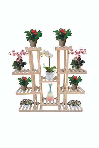 Marka Çiçeklik Standı Saksılık Ahşap Çiçeklik 10 Basamaklı Naturel