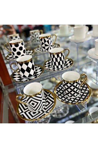 Kosova 6-Person Geometric Pattern Turkish Coffee Cup Full