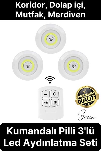 Svein Kablosuz Uzaktan Kumandalı Beyaz 3lü Led Okuma Işık Gece Lambası Mutfak...