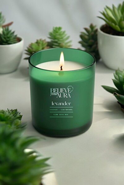 Believe Your Aura Lavanta Kokulu Mum - %100 Doğal Soya Mumu Yeşil Bardak Lava...