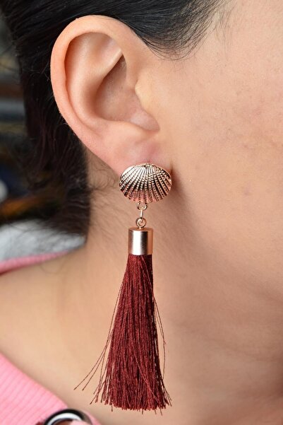 AKIN AKSESUAR HEDİYELİK Figured Tasseled Long Gold Earrings - Oyster