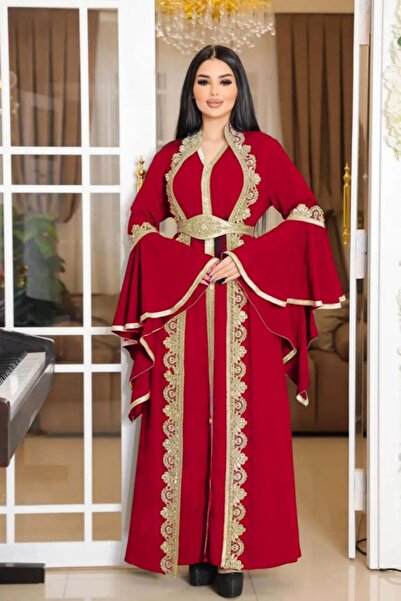 FLORA TEKSTİL قفطان دانتيل مطرز باللون العنابي - طقم مكون من قطعتين فستان مطر...