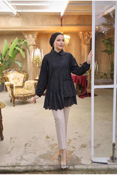 Afra Lace Fabric Black Frilled Front Buttoned Shirt