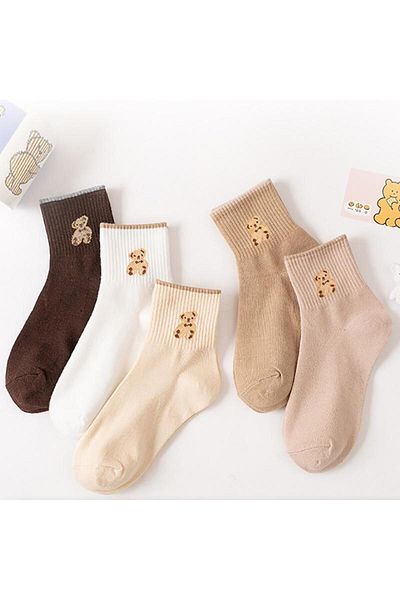 SOCKSHION Комплект дамски цветни чорапи до глезена с шарка на мече - 5 чифта стилни и удобни чорапи до глезена