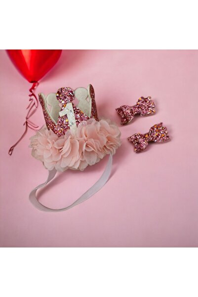 damlakidsmoda 1 yaş doğum günü tacı pembe bandana toka seti klips toka seti f...