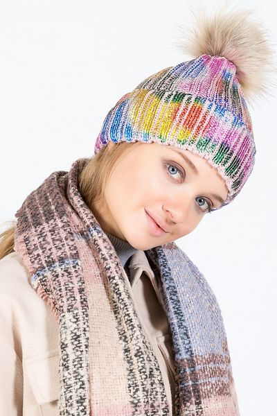 POSUSS Bright Printed Rainbow Colored Pompom Women's Beanie Powder Pink - Ps1160
